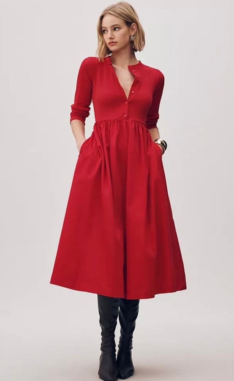 Maeve Long-Sleeve Twofer Cardigan Midi Red Dress Size XS